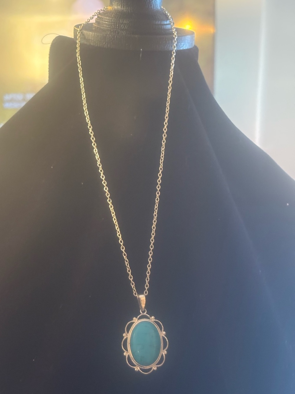 Silver-Tone Necklace with Teal Turquoise Oval Pendant